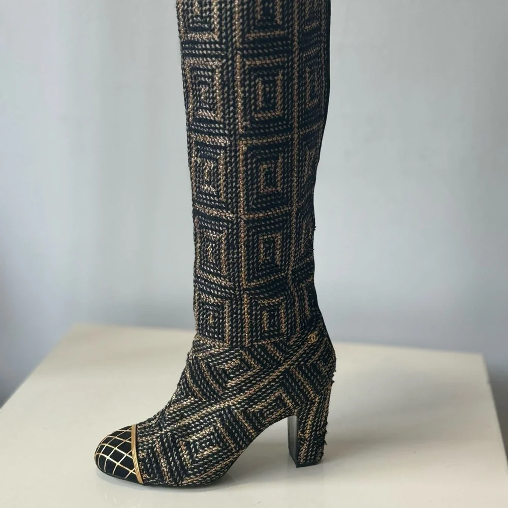 CHANEL Runway Byzantine Tweed Gold Cage High Boots 37 Pre fall 2012